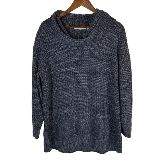 Waffle Knit Cowl Neck Sweater Tunic Blue Grey Cozy Oversized Pullover Womens - Picture 1 of 11